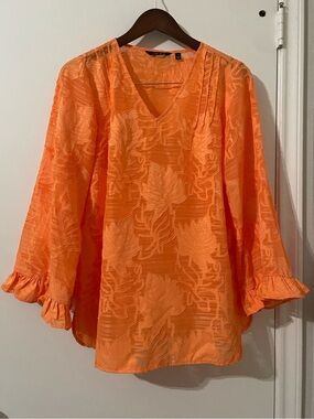IMAN Global Chic Orange Tropical Burnout Jacquard V-Neck Blouse - Small